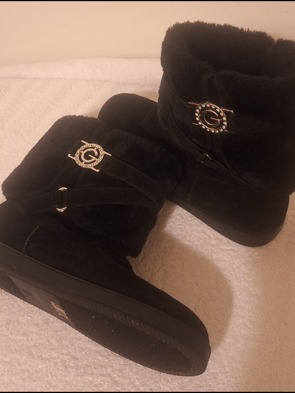 Guess Black Faux Fur Ankle Boots with Crystal G Logo